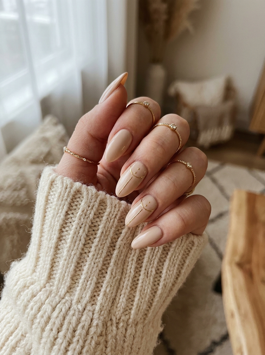 Beige Almond Nails with Micro Gold Lines als Almond Fall Nails Inspiration 2026